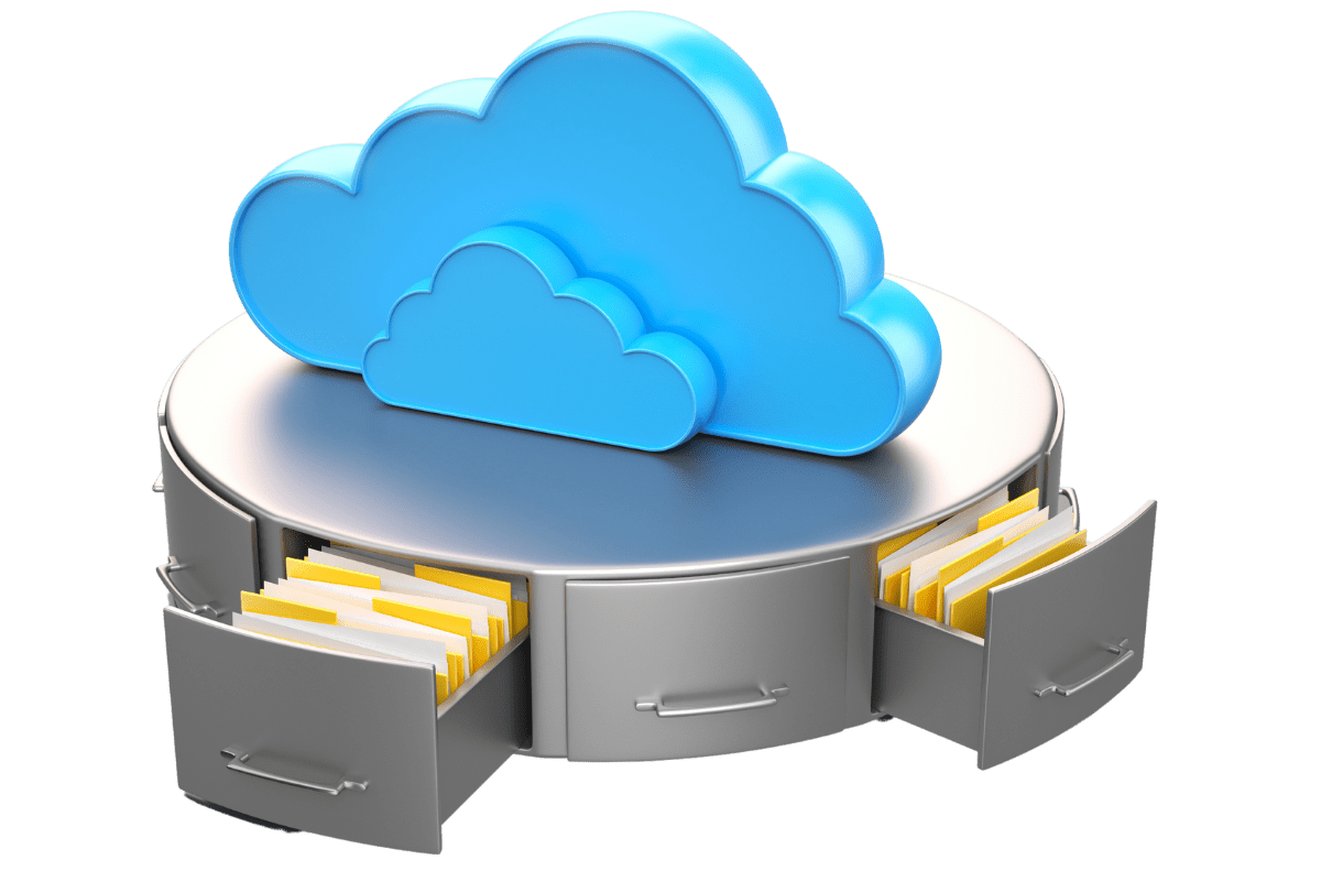 A cloud icon with a filing cabinet representing secure and efficient data storage through cloud hosting services.