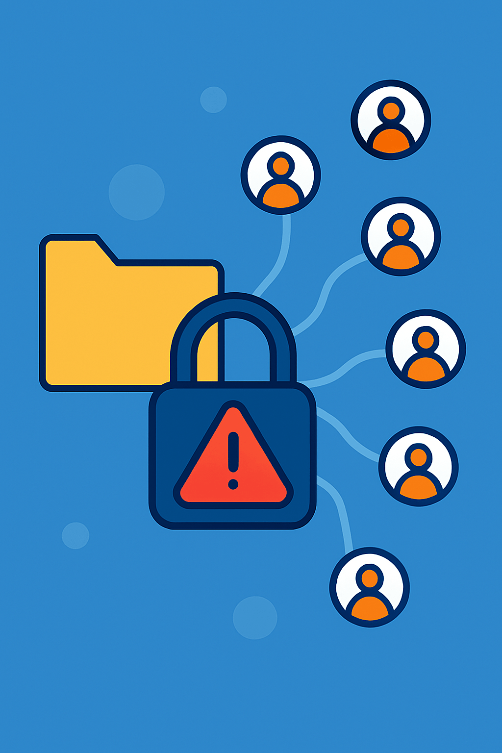 Illustration of a secure folder with a warning padlock connected to multiple users, representing controlled access in cybersecurity.