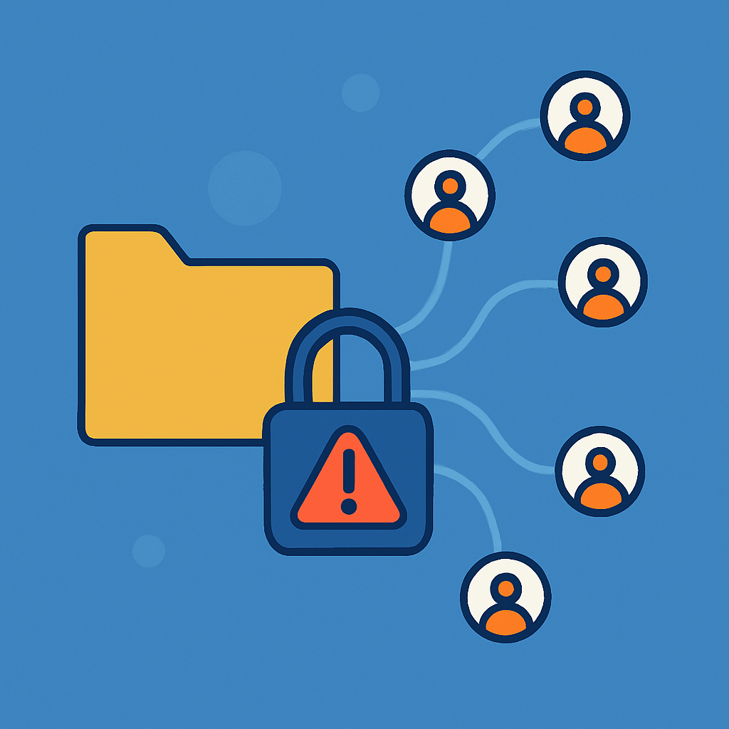 Illustration of a folder connected to multiple users with a warning padlock, symbolizing risky access and permission sprawl.
