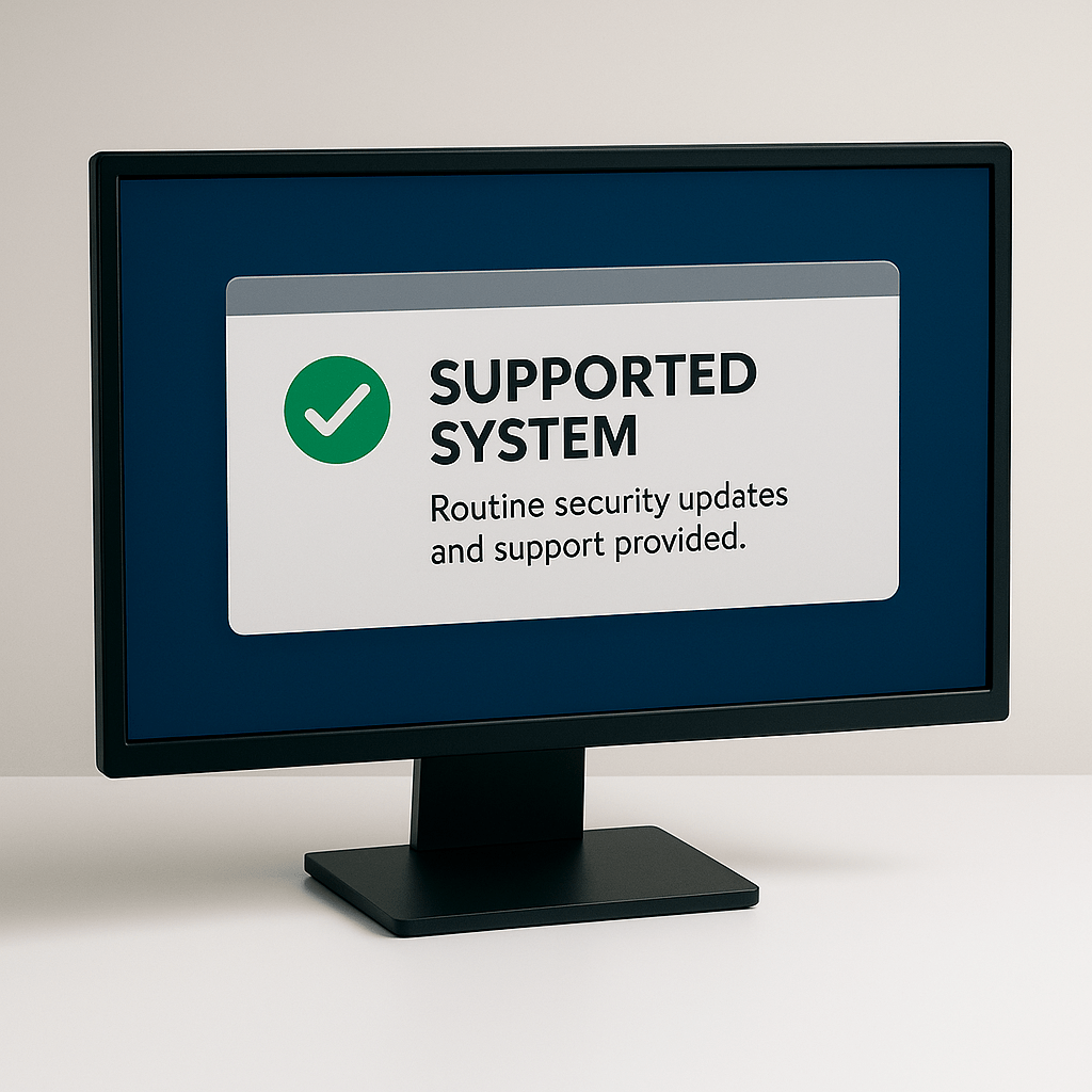 Supported System Modern desktop computer displaying a message that reads 'Supported System: Routine security updates and support provided' with a green checkmark icon.