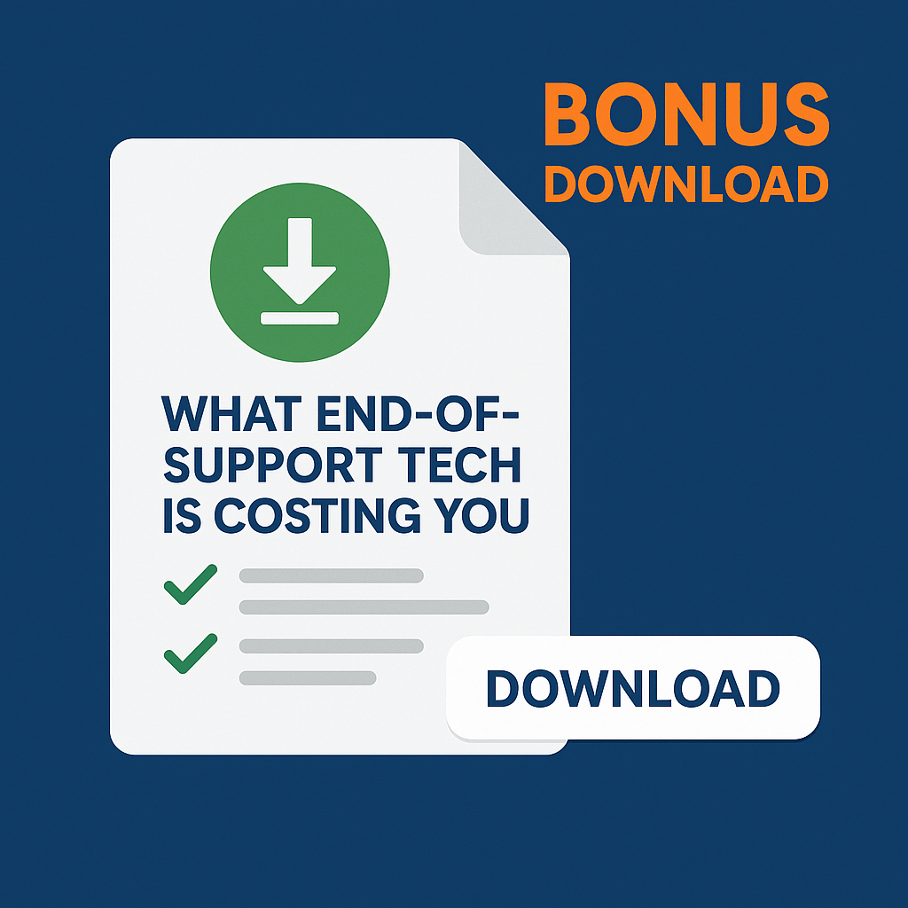 Free Download – End-of-Support Tech Checklist Illustration of a digital checklist with icons representing performance, compatibility, compliance, and security—highlighting key risks of outdated technology.