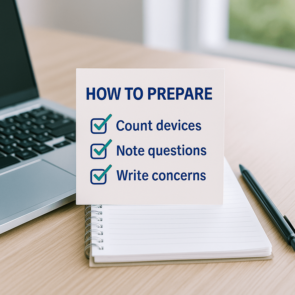 Getting Ready for Your Risk Assessment A modern desk with a checklist, pen, and laptop representing the preparation steps for a Microsoft Risk Assessment, including device review and upgrade planning.