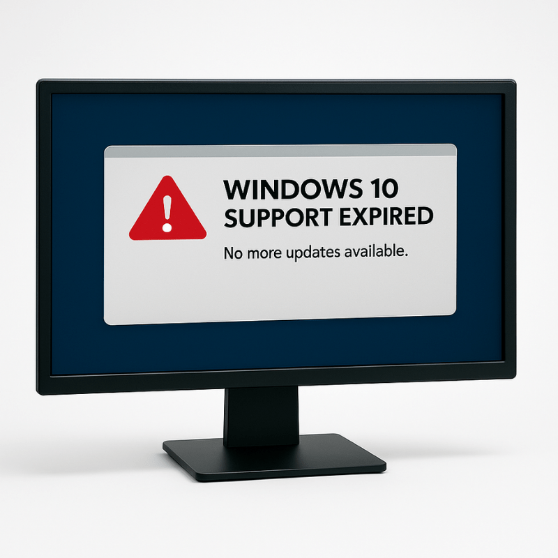 Windows 10 Support has Expired Computer screen displaying a Windows 10 support expired warning with a red alert icon and message stating no more updates are available.