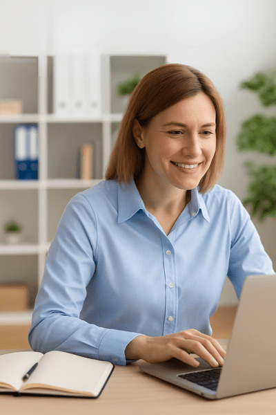 A happy, productive employee working at her desk
