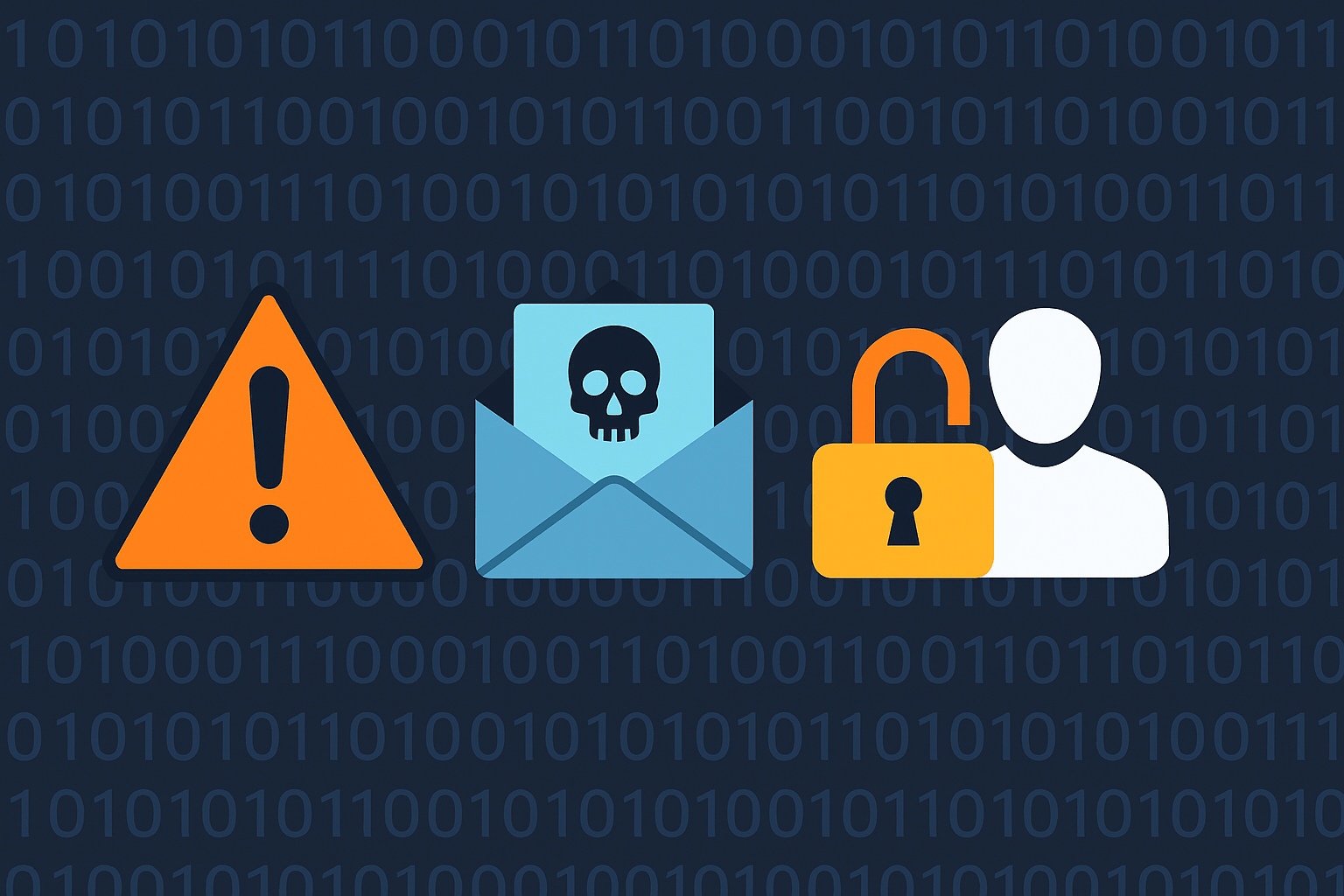 Identifying Digital Risks Illustration representing cybersecurity awareness, showing digital threats like phishing emails and unlocked data, emphasizing the need for employee training and risk prevention.