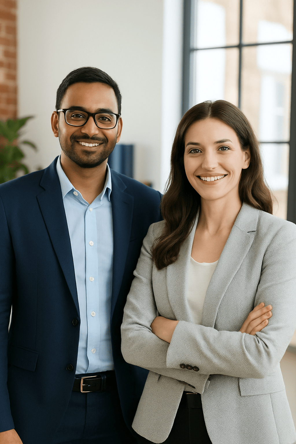 Two friendly IT professionals—one man and one woman—standing together in a bright office, representing a reliable tech support team.
