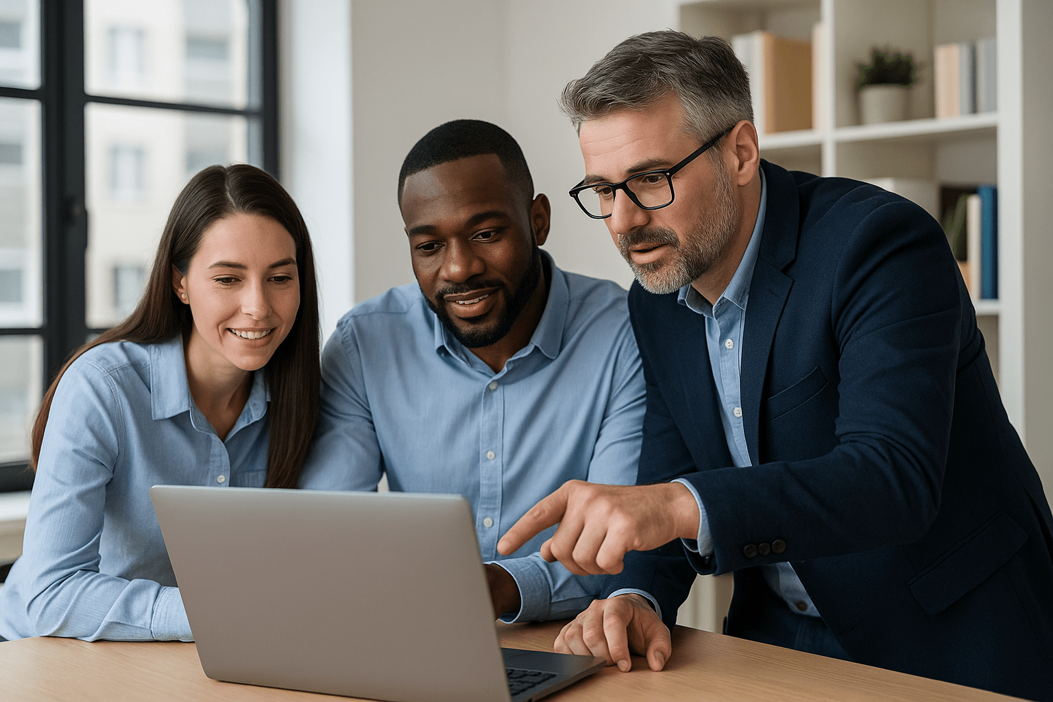 FBTS team providing cybersecurity support to a small business Three professionals collaborating around a laptop, representing a trusted cybersecurity team supporting a small business.