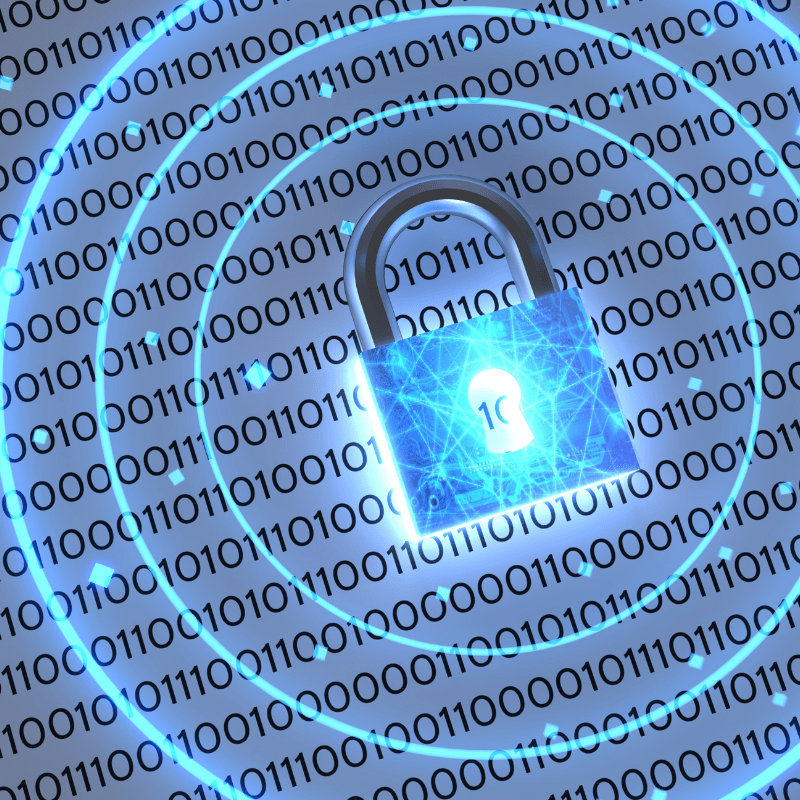 Visual representation of managed cyber protection, showing a secure digital padlock surrounded by binary code to symbolize data security and risk prevention for SMBs.