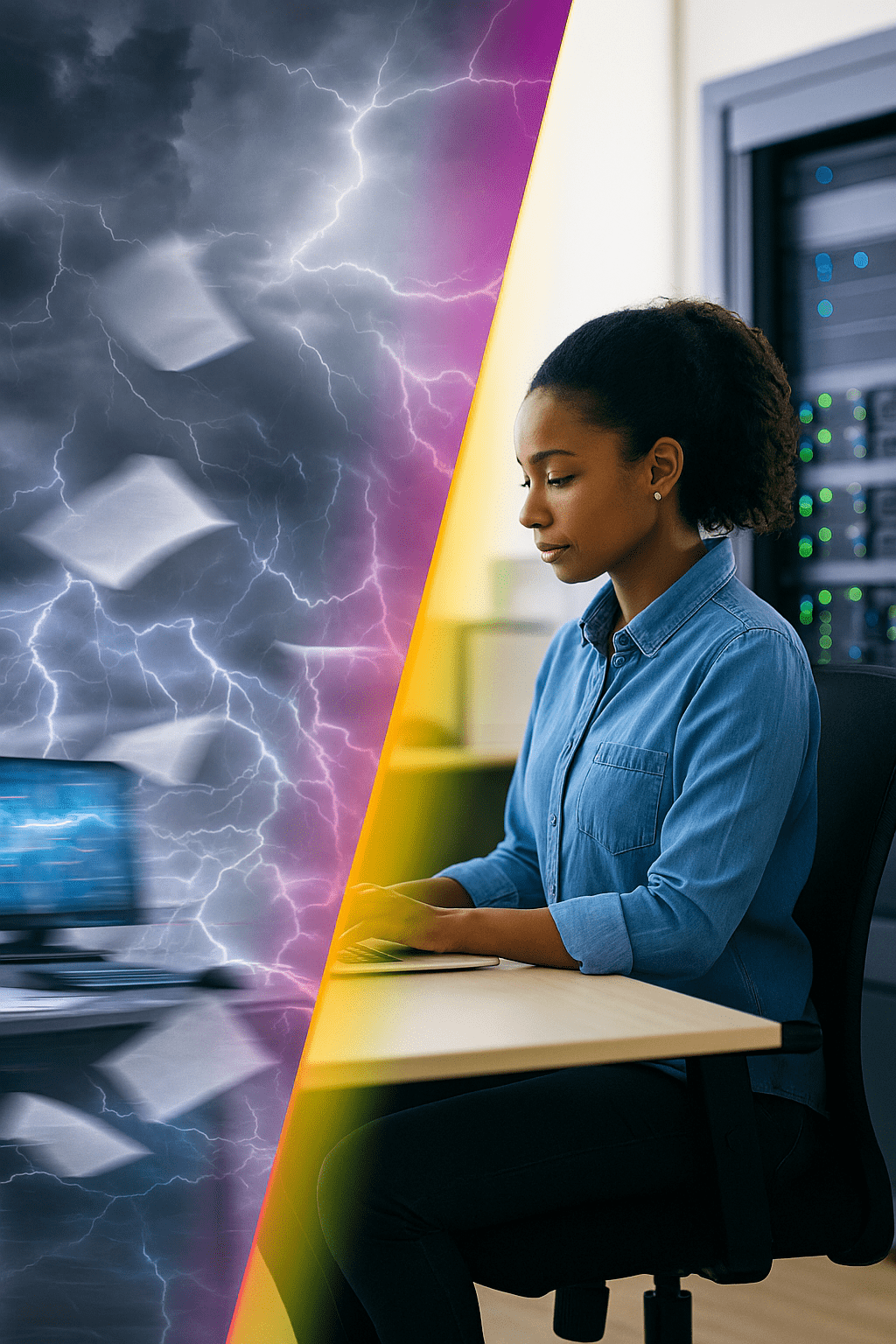 A split image showing business disruption on the left with storm clouds and flying papers, contrasted with a calm professional working confidently on a laptop in a bright office, symbolizing the impact of a strong Business Continuity and Disaster Recovery plan.
