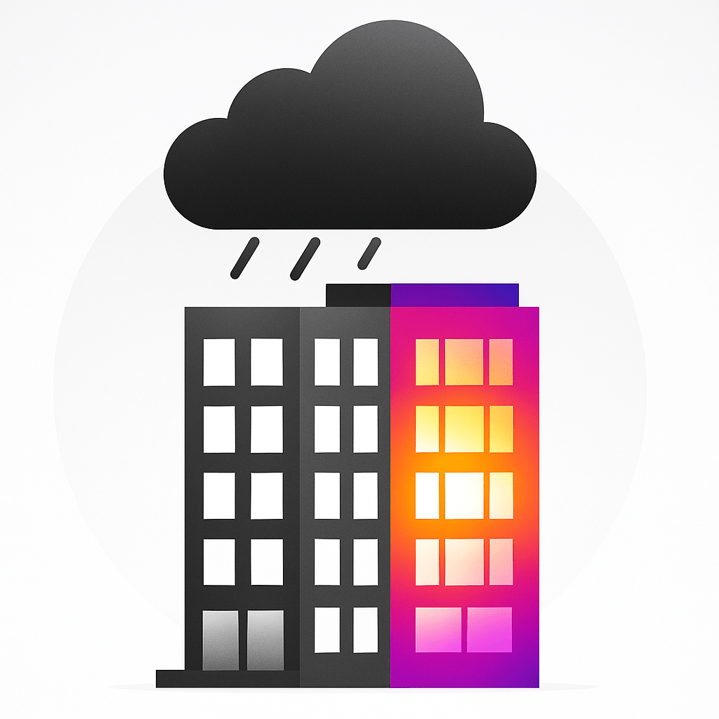 A flat-style illustration of a modern office building under a storm cloud, with one section glowing in bright gradient colors, symbolizing business continuity and protection during disruption.