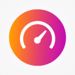 A flat circular icon with a gradient from orange to pink, featuring a white speedometer gauge symbol that represents evaluating or reviewing results.