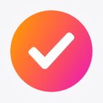 A flat circular icon with a gradient from orange to pink to purple, featuring a simple white checkmark symbol representing action and moving forward.