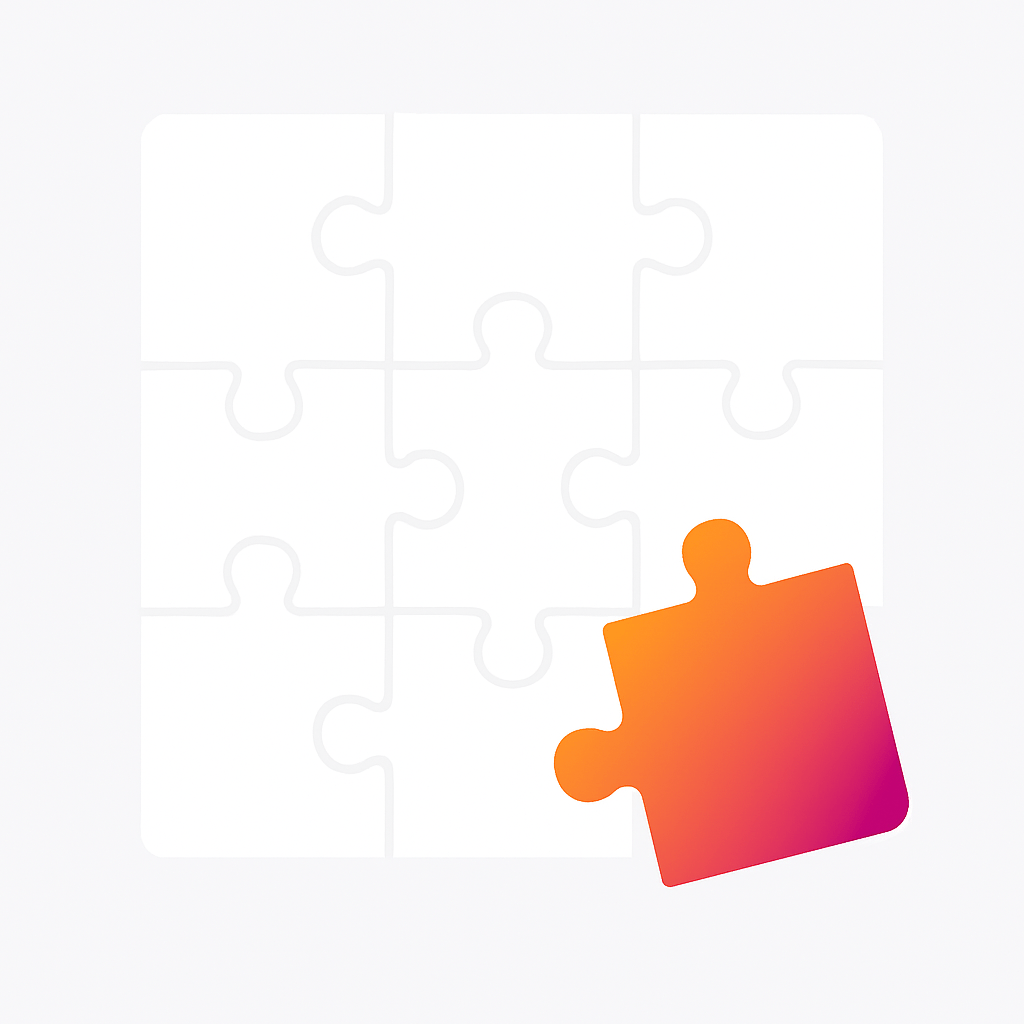 A flat vector illustration of an incomplete puzzle with one glowing piece in a gradient of orange to pink to purple sliding into place, symbolizing closing vulnerabilities and achieving business continuity.