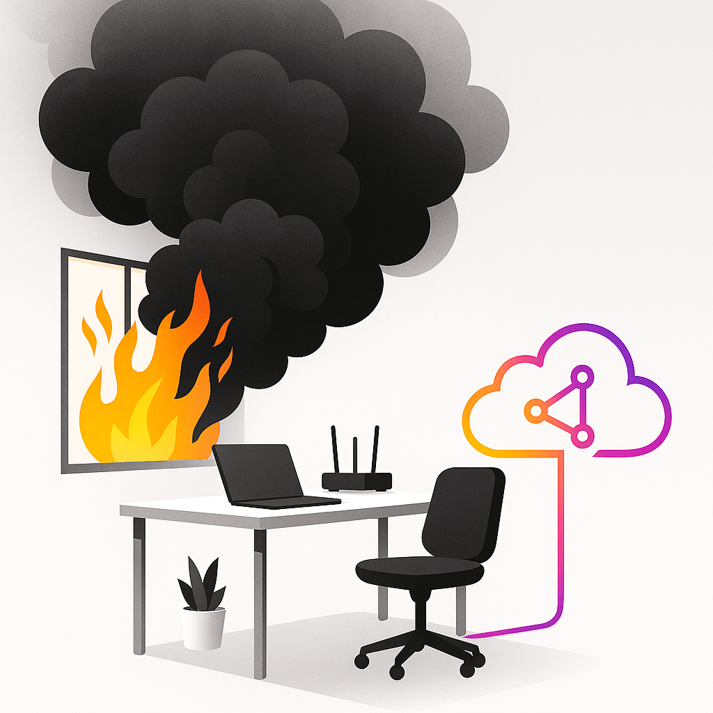 Illustration of business continuity: a glowing cloud server above while a smoke-covered office building below represents disruption, showing data protection in the cloud despite local outages.