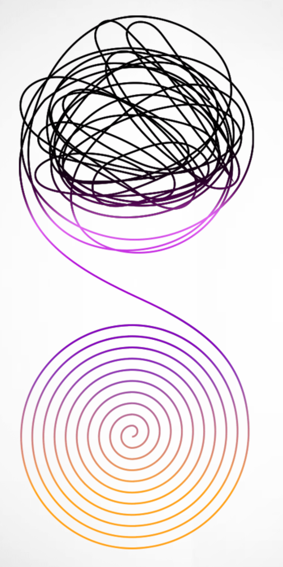 Abstract line art showing a chaotic scribble on the left transforming into an orderly spiral on the right, symbolizing how Business Continuity and Disaster Recovery brings clarity and control out of disruption.