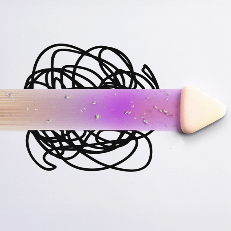 An eraser clears away messy black scribbles, leaving a clean gradient path in brand colors, symbolizing how Foundation BTS helps businesses move from disruption to clarity and resilience.