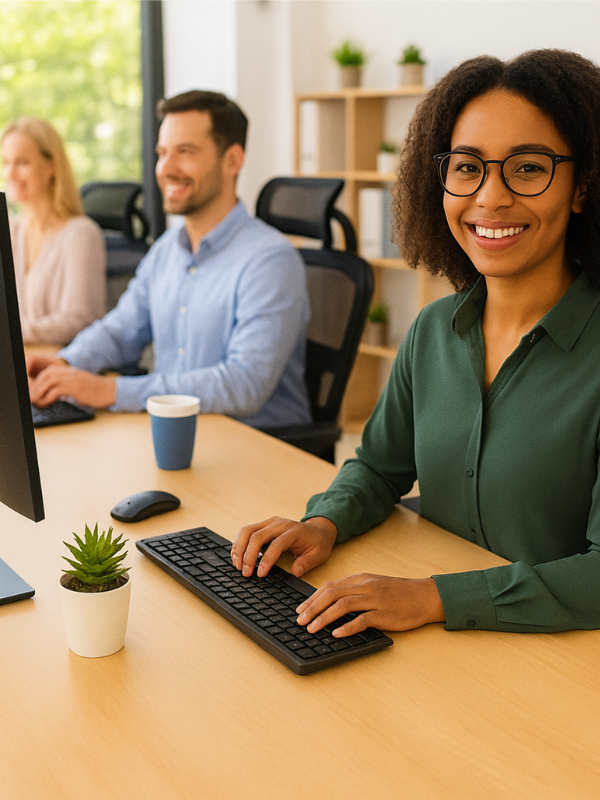 Smiling employees working at ergonomic desks in a bright modern office, showing comfort and focus with good posture.
