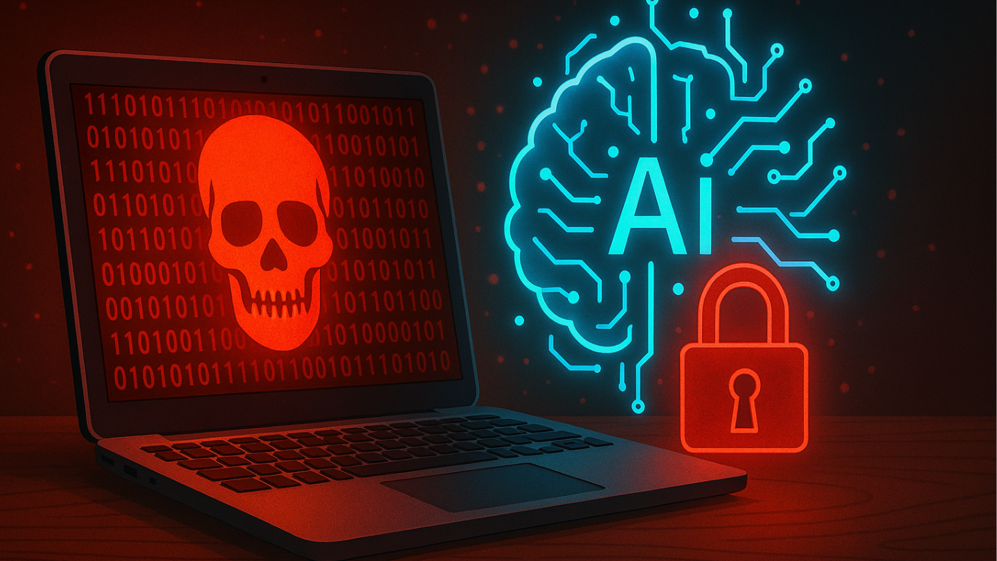 A glowing digital brain with AI circuits beside a laptop showing a red skull, symbolizing AI-powered ransomware attacks