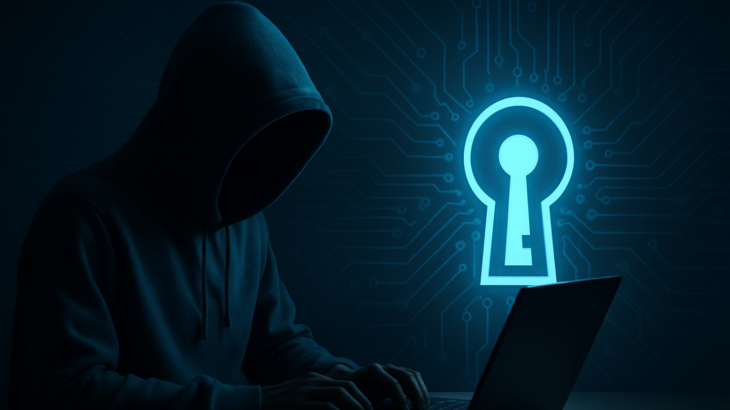 A glowing digital brain with AI circuits beside a laptop showing a red skull, symbolizing AI-powered ransomware attacks