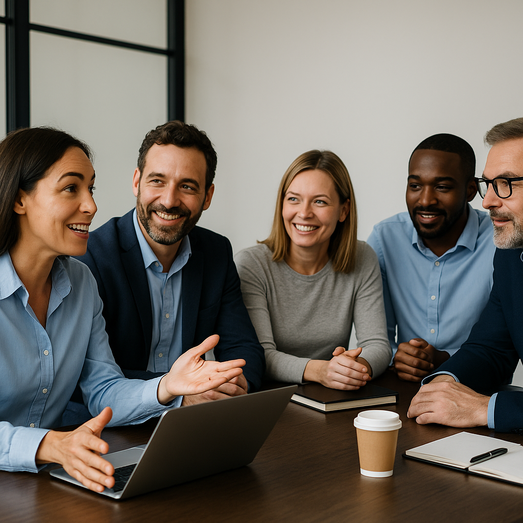 A group of business professionals gathered around a laptop in a modern office, collaborating on cybersecurity solutions with confident expressions.