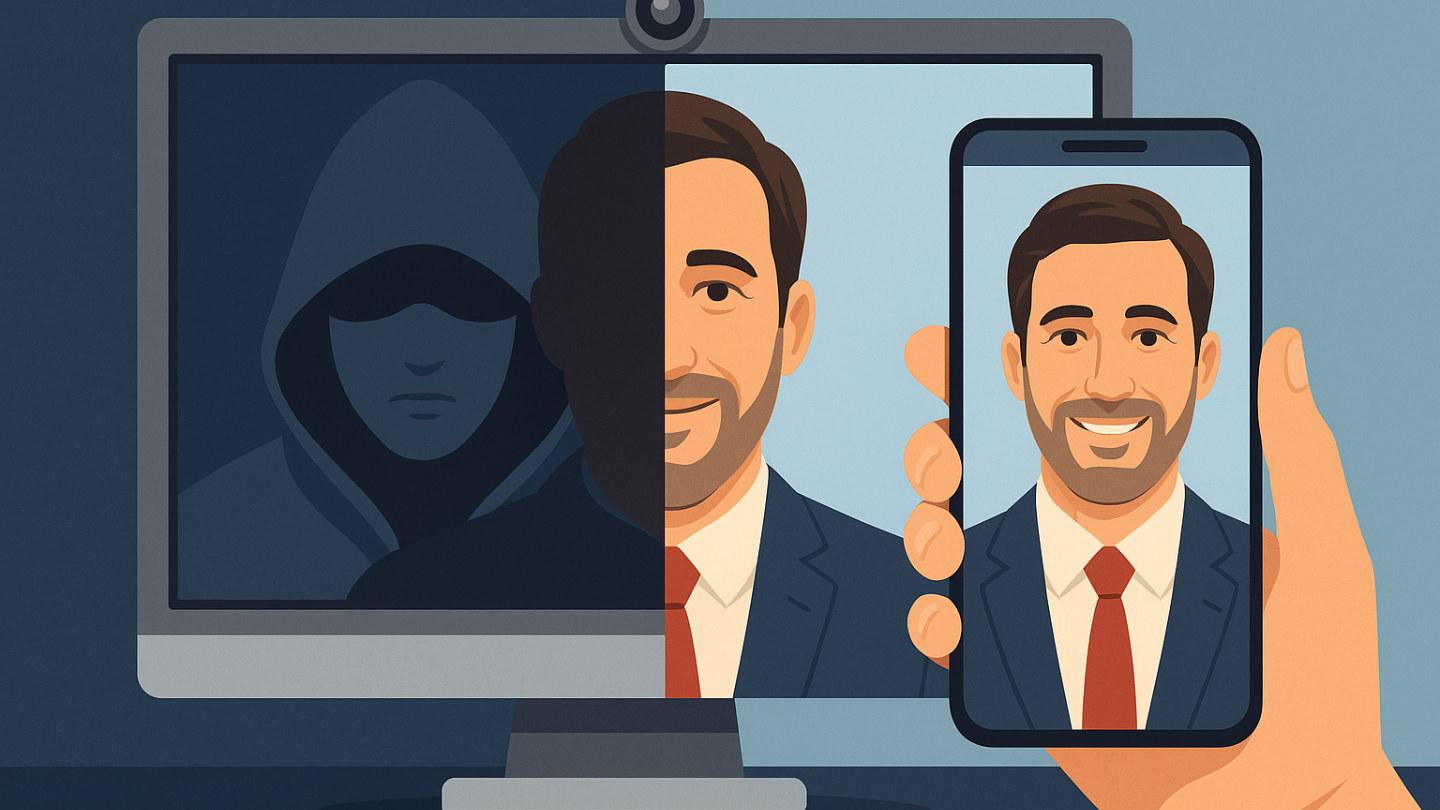 A split digital illustration showing a hacker in a hoodie on one side and a smiling businessman on the other, with a smartphone displaying the deepfake face—symbolizing deepfakes and social engineering attacks.