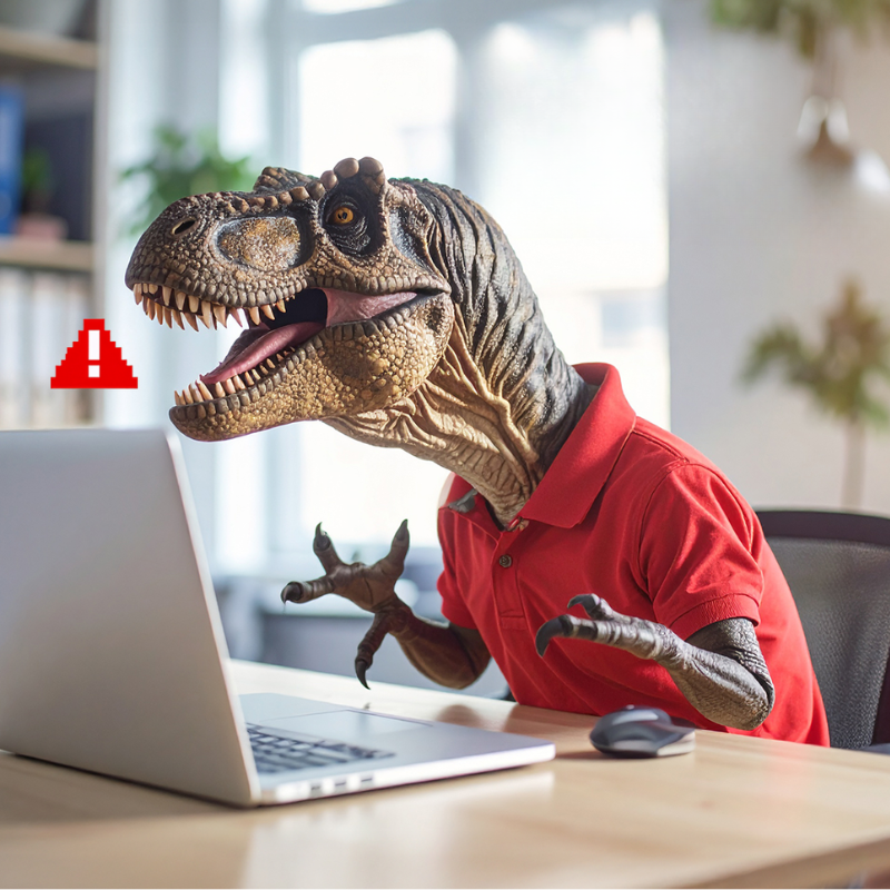A dinosaur in a red shirt using a laptop with a warning icon, symbolizing outdated businesses facing cybersecurity risks