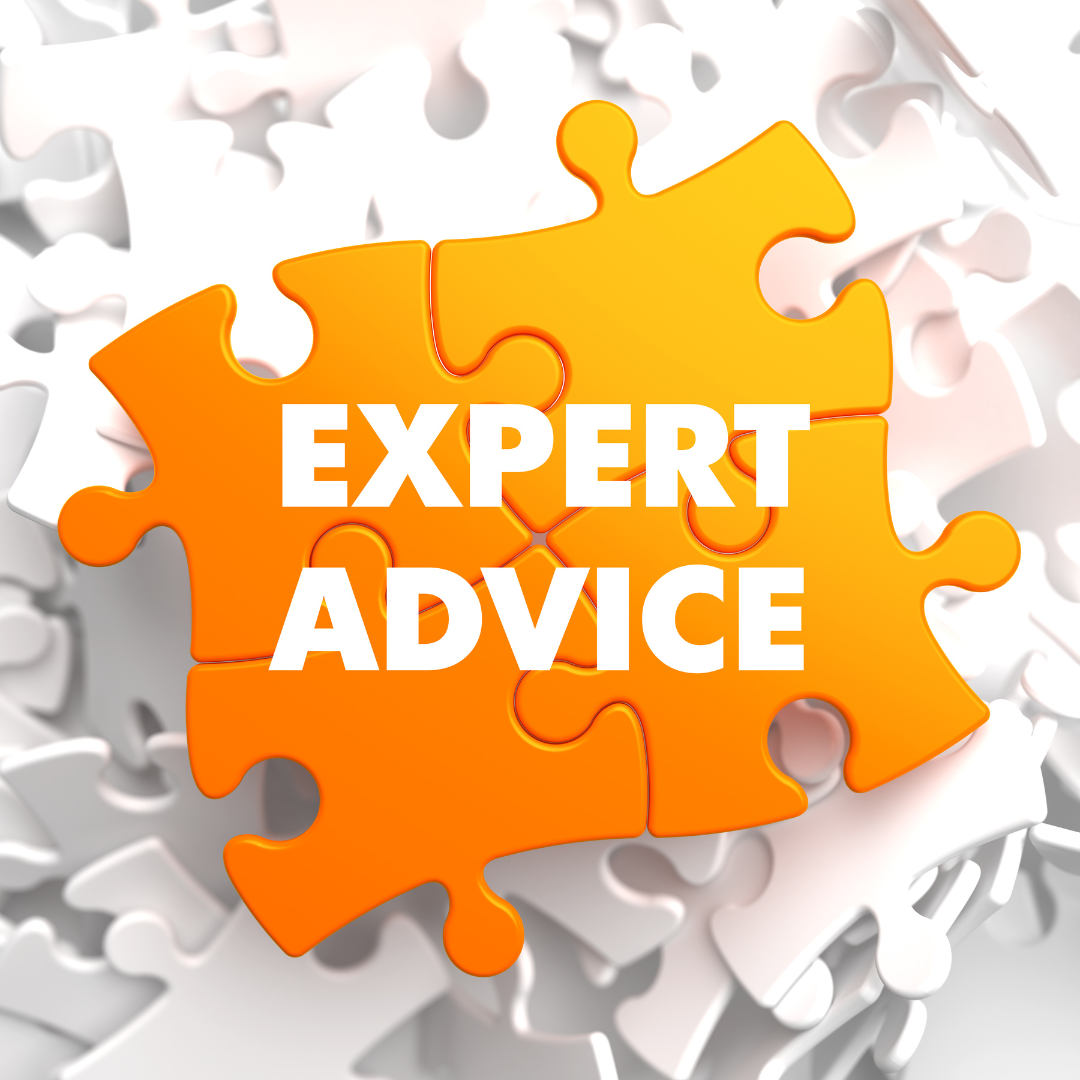 Orange puzzle piece with the words Expert Advice surrounded by white puzzle pieces.