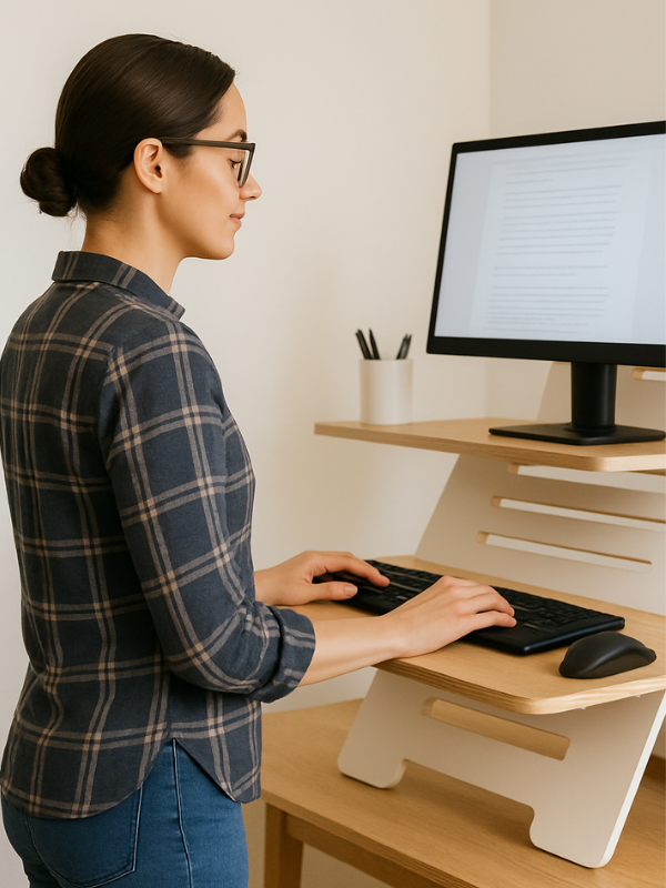 Woman standing at an adjustable sit-stand desk with monitor and keyboard at ergonomic height, typing with upright posture.