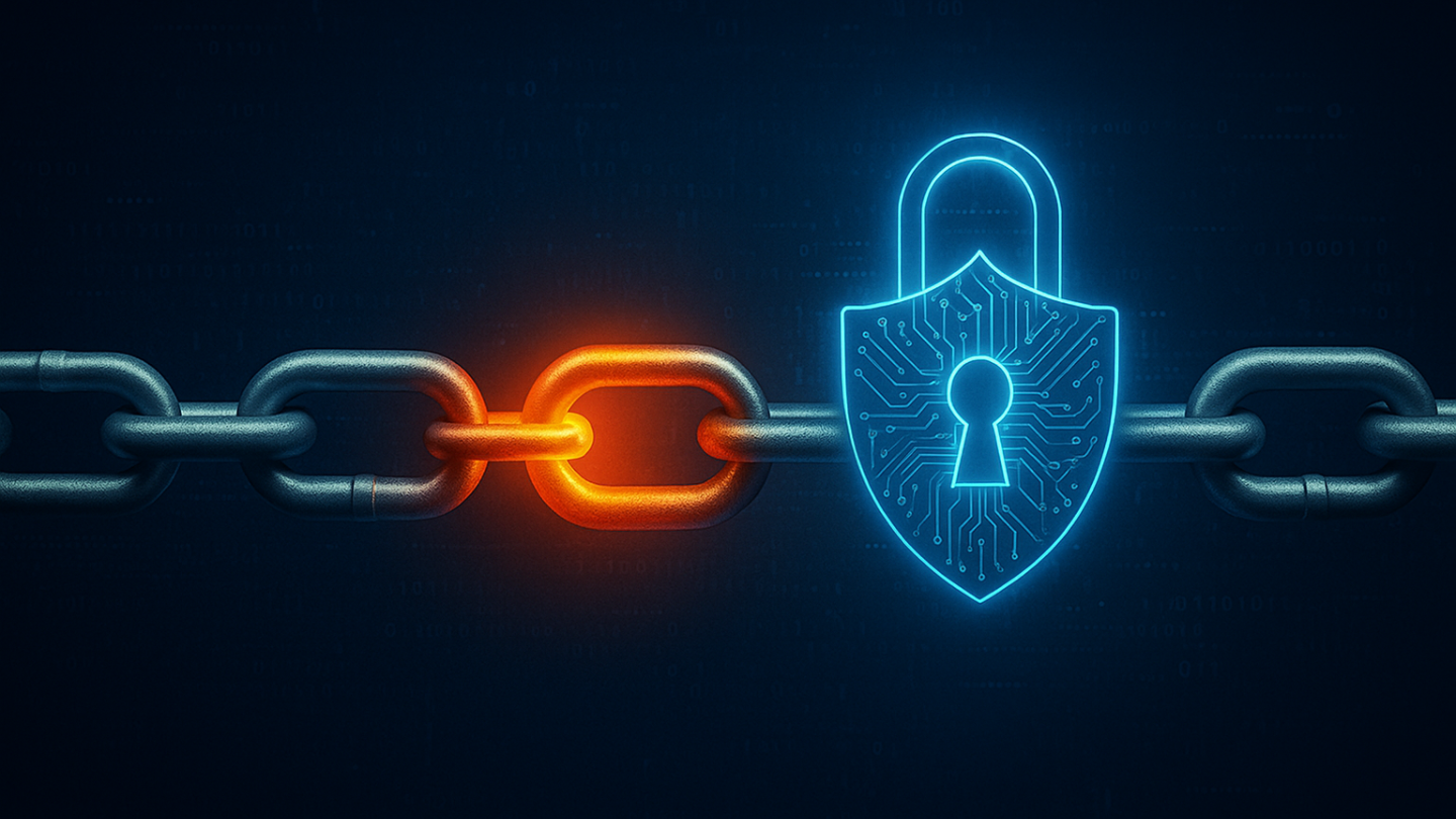 A glowing chain link highlighted in orange with a digital padlock shield, symbolizing vulnerabilities in supply chain cybersecurity.