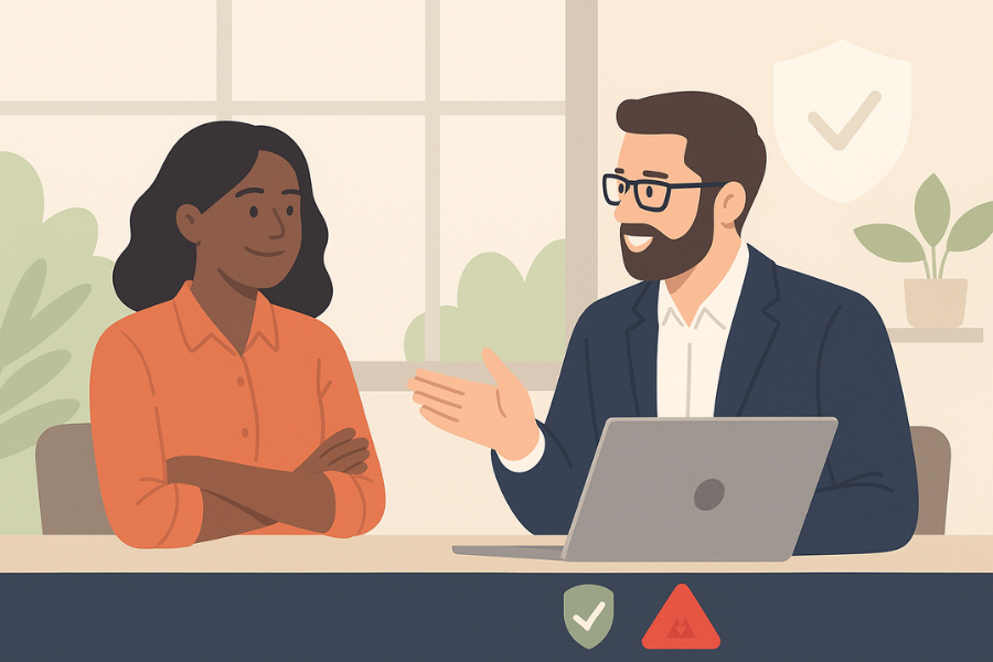 Illustration of a confident small business owner consulting with a cybersecurity expert in a modern office setting.