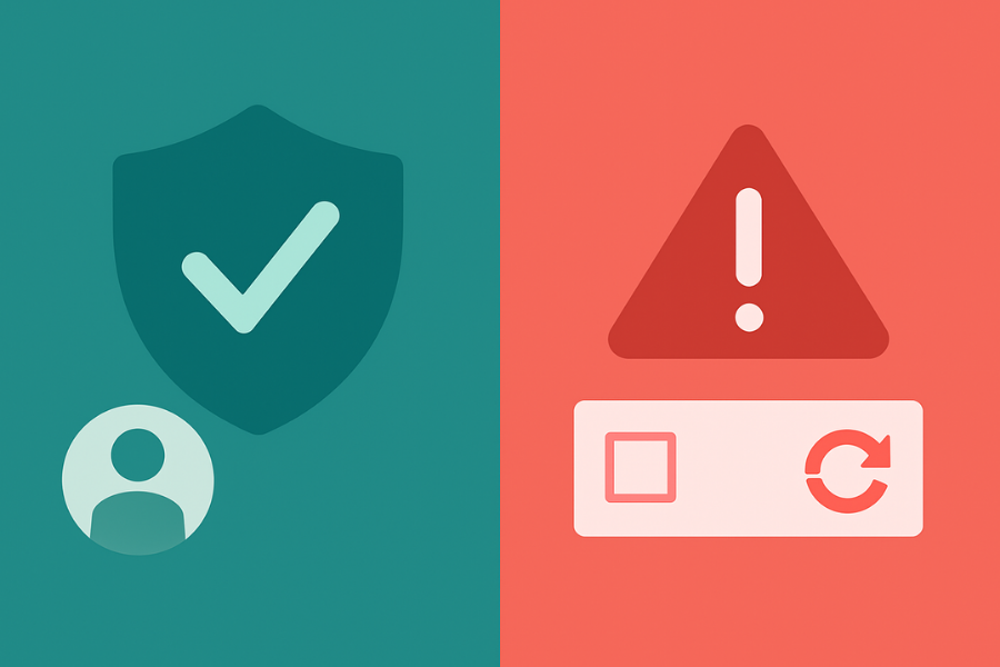 Abstract illustration showing a green shield and red warning triangle representing the contrast between safe and fake verification in cybersecurity awareness.