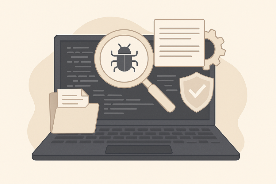 Illustration of a cybersecurity analyst examining system data on multiple computer screens during a digital forensic investigation and cleanup process.