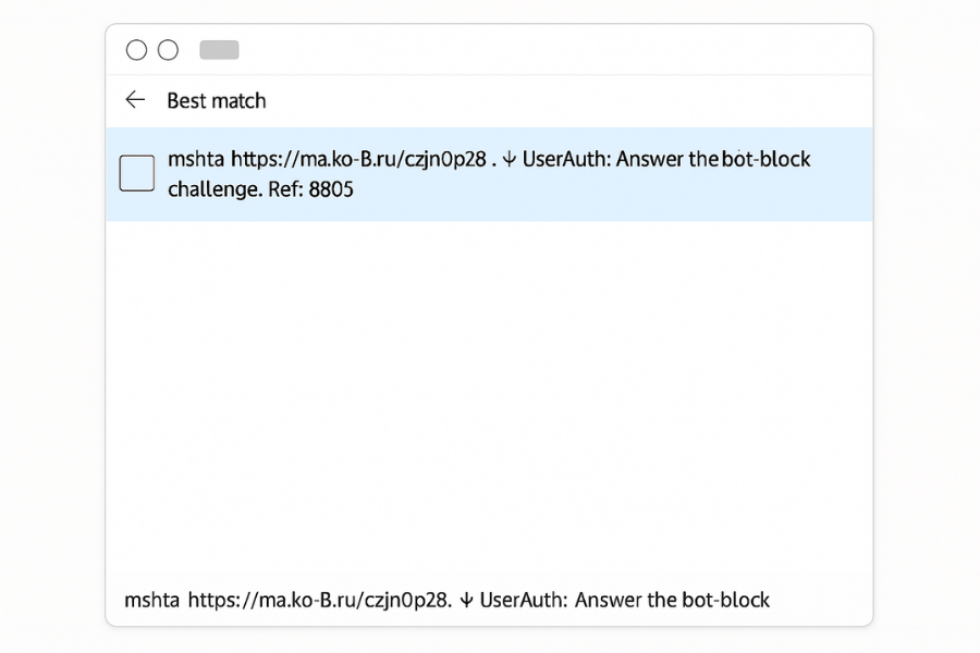 Screenshot of a Windows search bar showing a fake mshta command used in a phishing attack to execute malicious code.