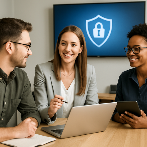 IT consultant meeting with clients in a Toronto office, reviewing cybersecurity and productivity improvements.