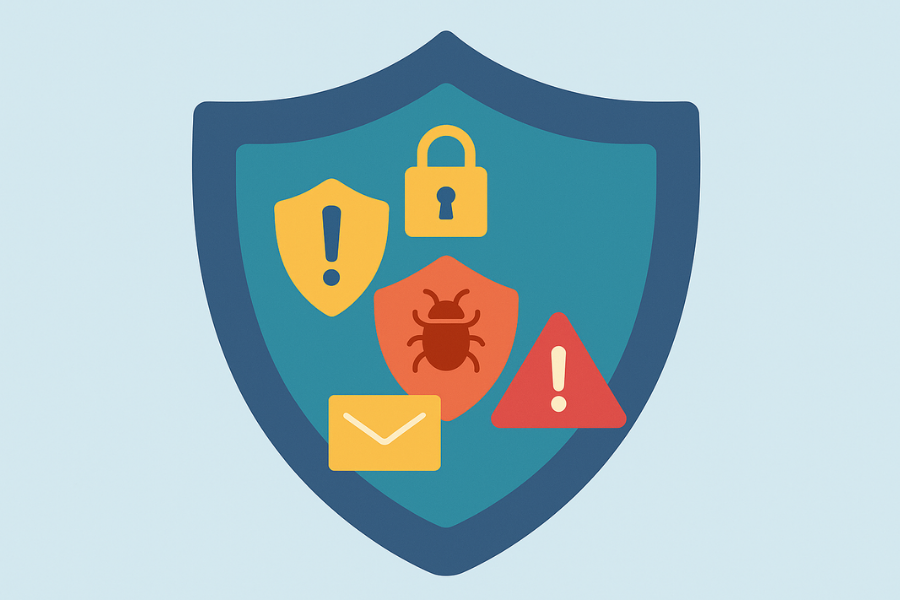 Illustration showing layered shields symbolizing multiple levels of managed cybersecurity defense for small businesses.
