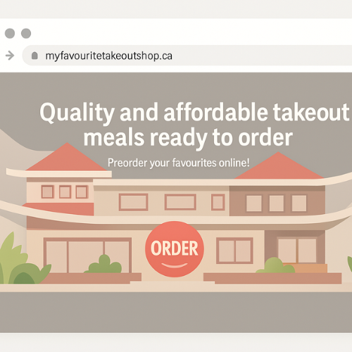 Illustration of a fake restaurant website with the URL myfavouritetakeoutshop.ca, designed to look like a real takeout ordering page used in a phishing scam.