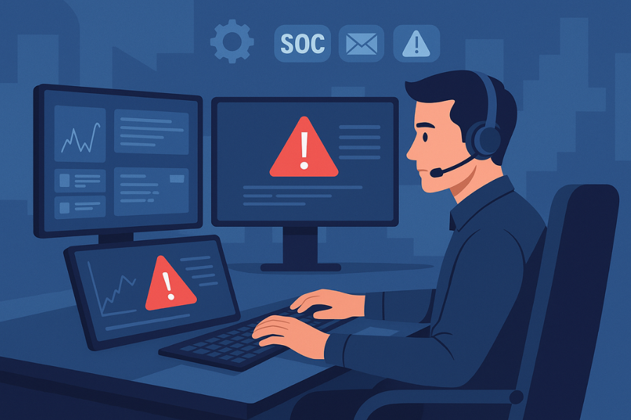 Illustration of a Security Operations Center analyst monitoring multiple cybersecurity alerts on large computer screens in a modern office setting.