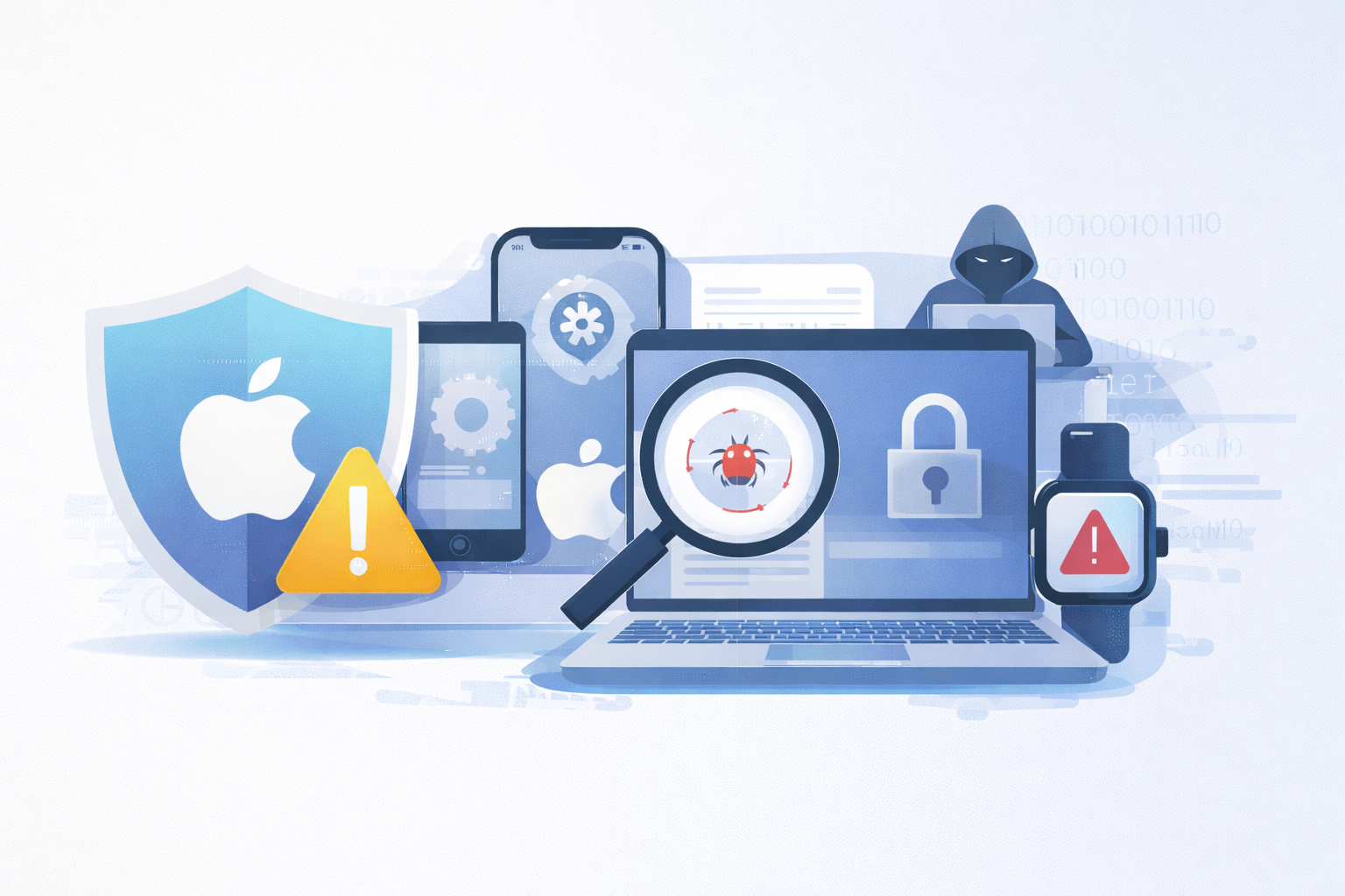 Illustration showing Apple devices with security warnings highlighting a critical Apple security update affecting business users<br />

