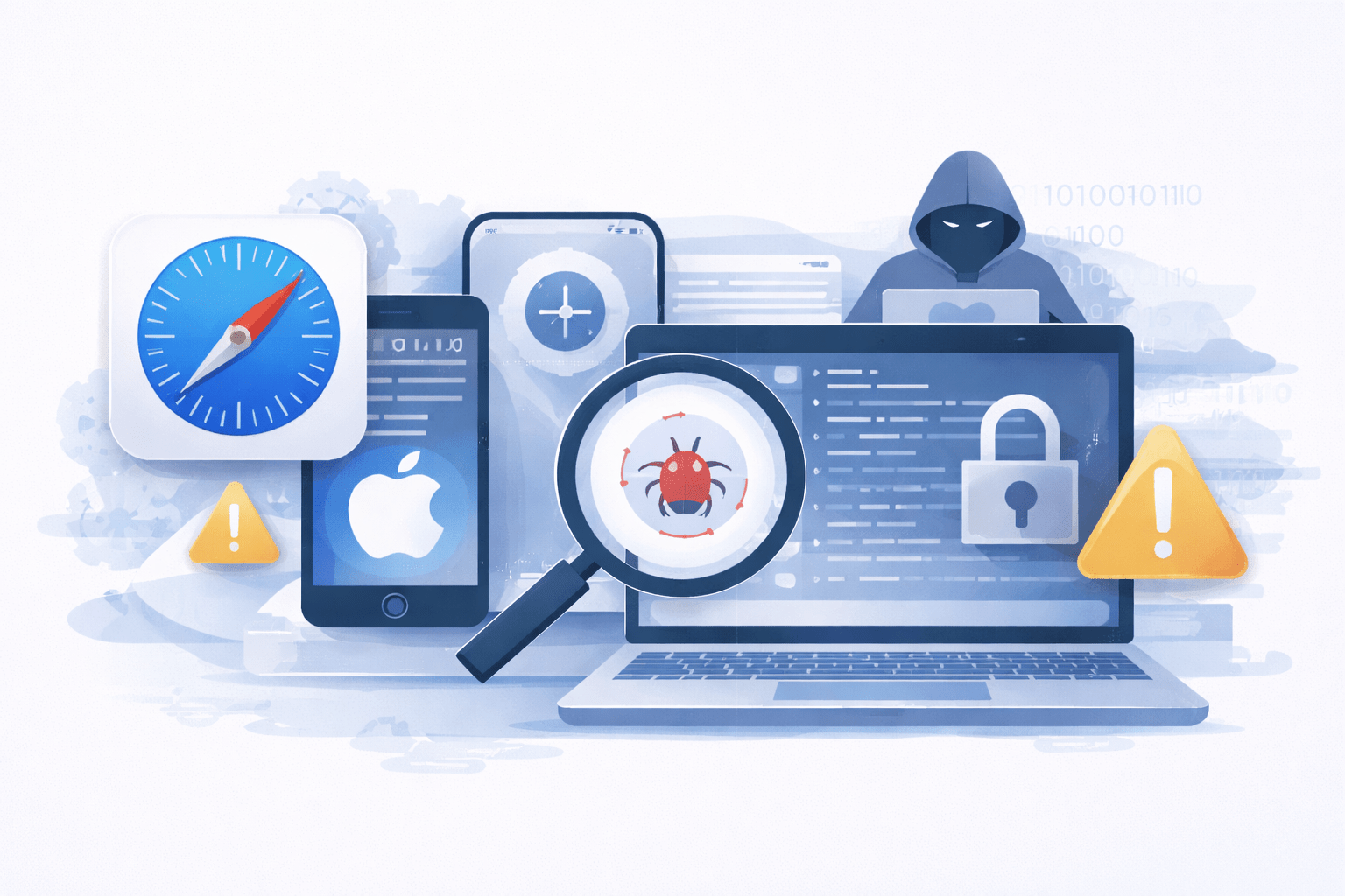 Illustration showing Apple devices with a detected security vulnerability highlighting changes that impact business security<br />
