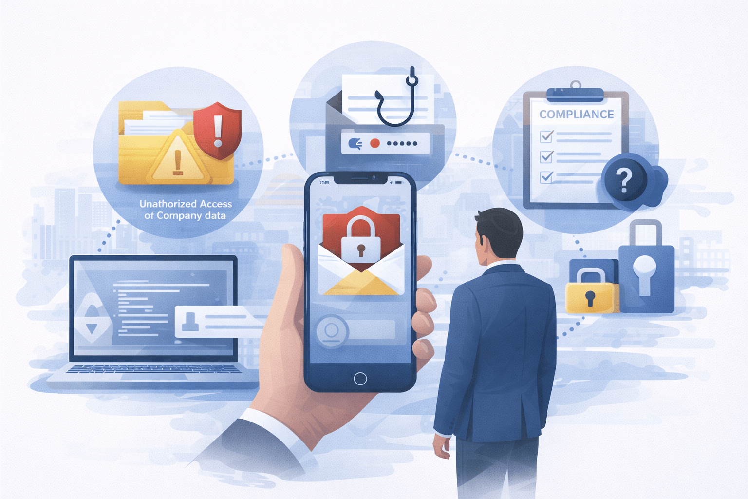 Illustration showing business risks from unpatched devices including data access, phishing, and compliance concerns<br />
