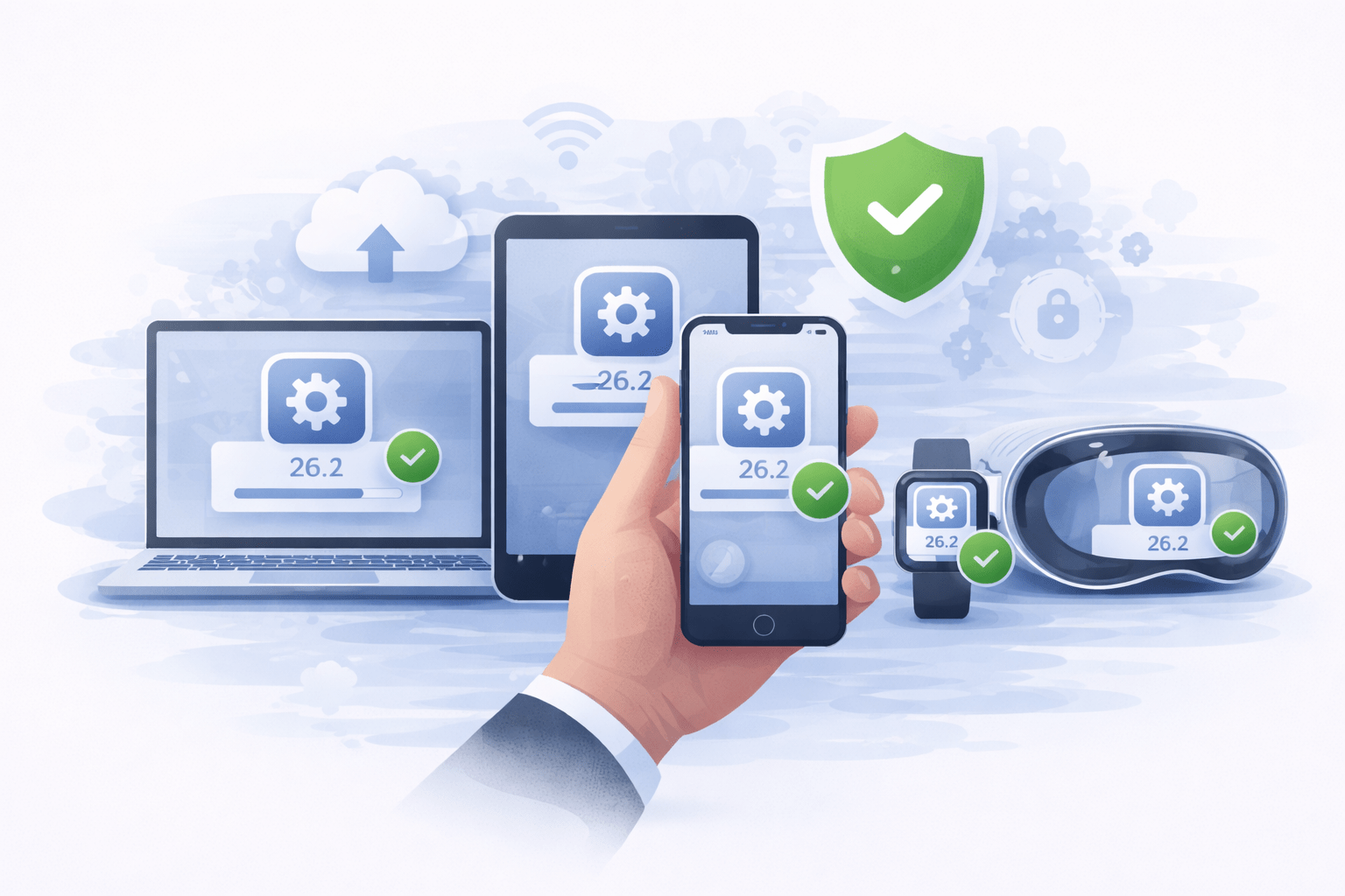 Illustration showing multiple Apple devices completing a software update with security checkmarks<br />

