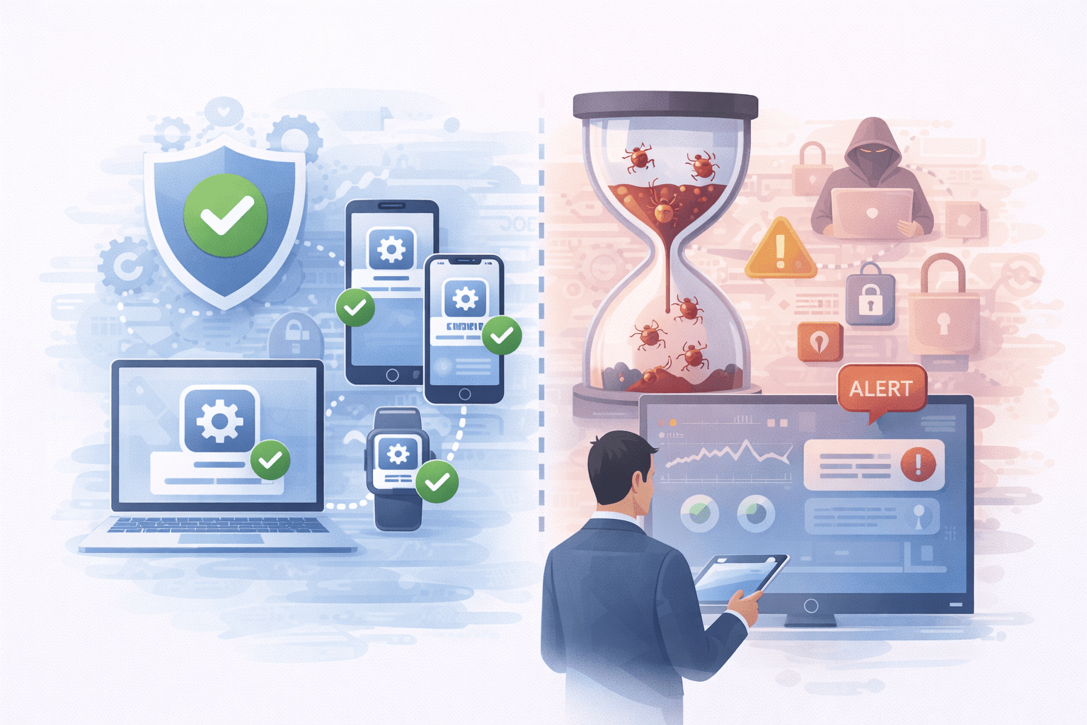 Illustration comparing proactive device updates with reactive security alerts and delayed fixes<br />
