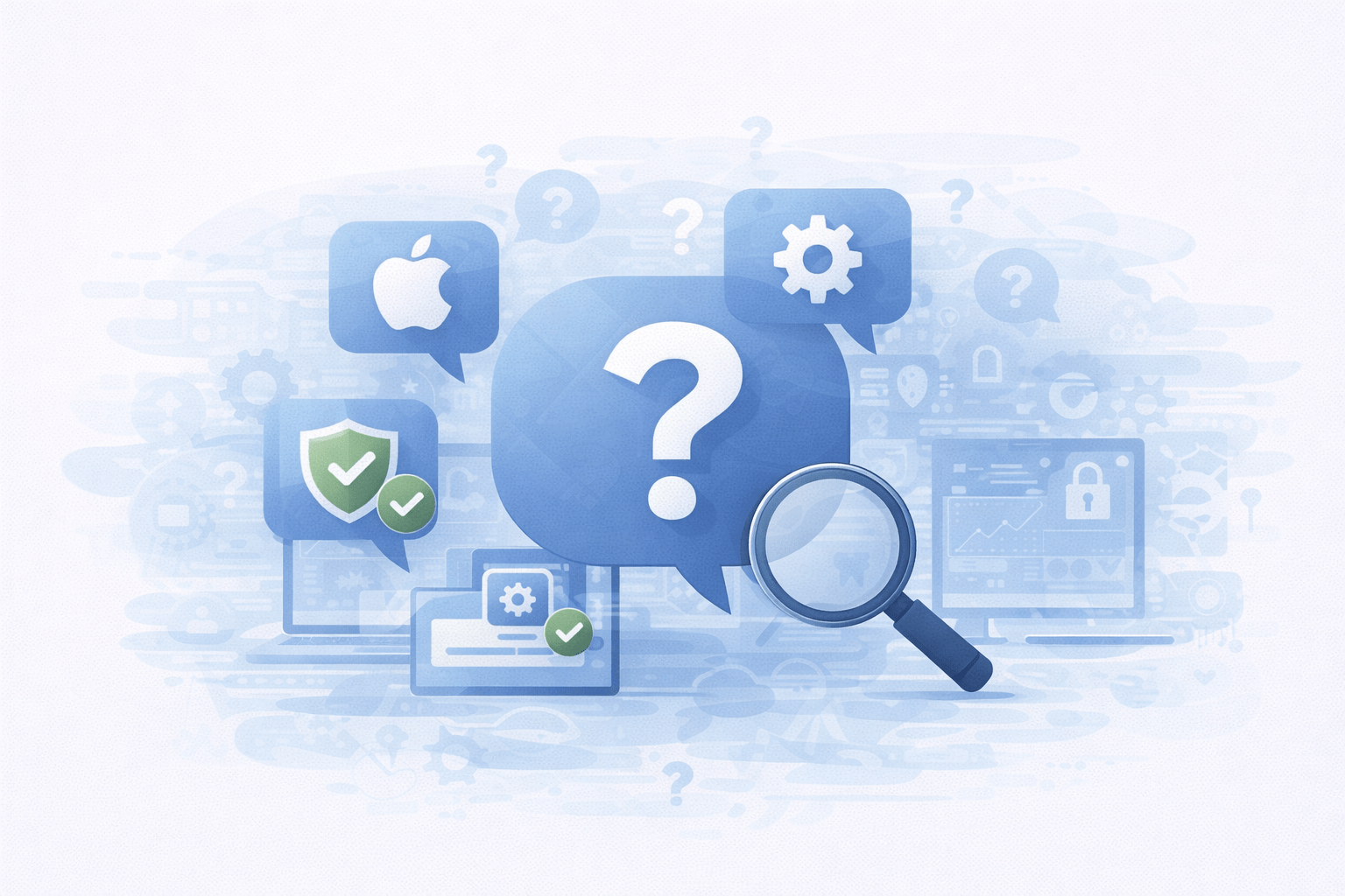 Illustration representing frequently asked questions about Apple device security and software updates<br />
