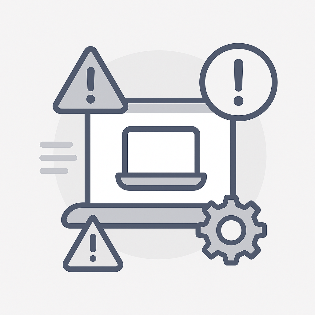 Illustration of laptop with warning symbols and gears representing common IT issues