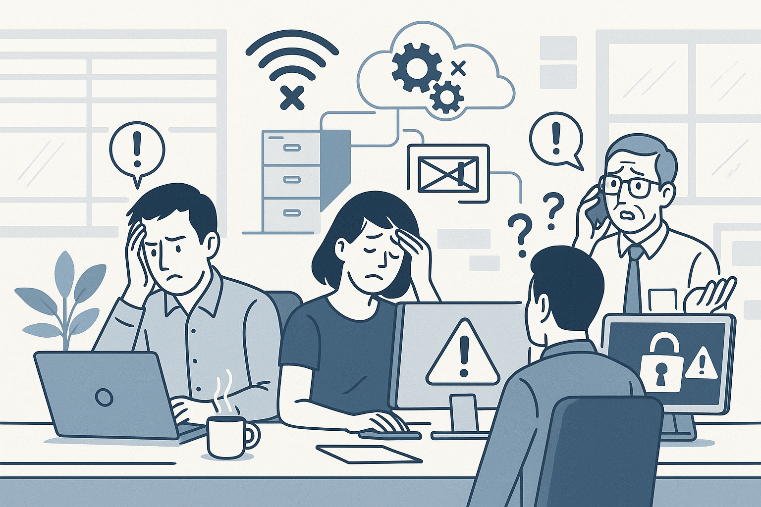 Illustration of laptop with warning symbols and gears representing common IT issues