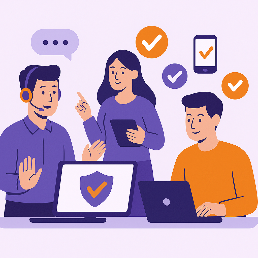 Illustration showing a team receiving fast, friendly IT support throughout the workday