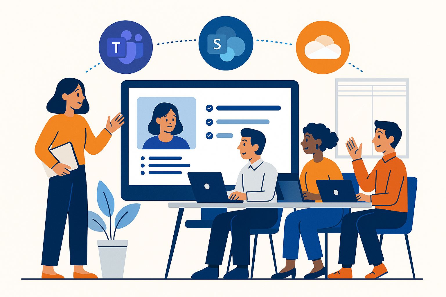 Illustration showing better collaboration and productivity with Microsoft 365 support