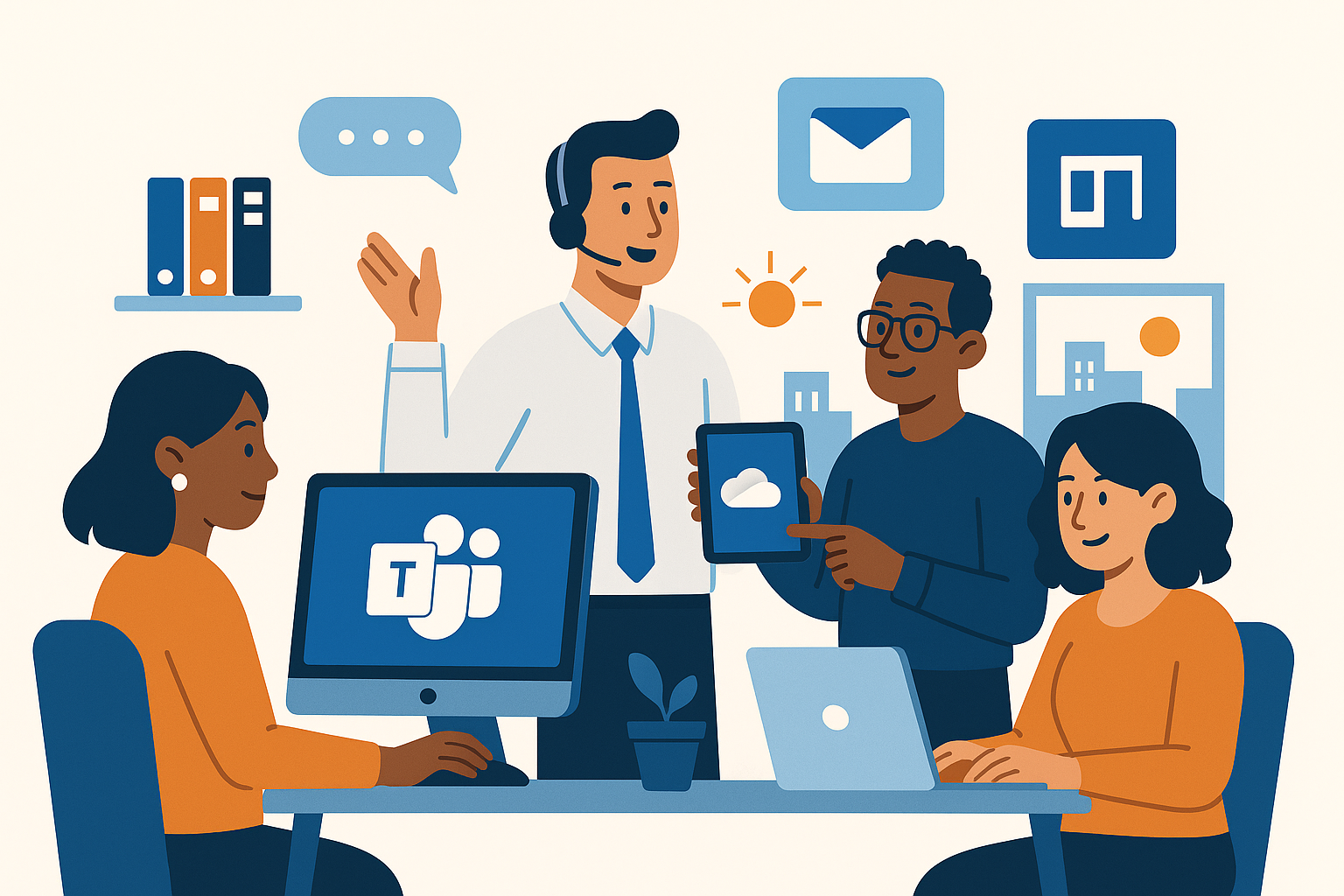 Illustration showing a team receiving Microsoft 365 support throughout the workday