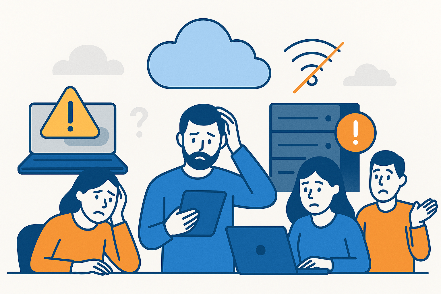 Illustration representing cloud and network issues affecting productivity