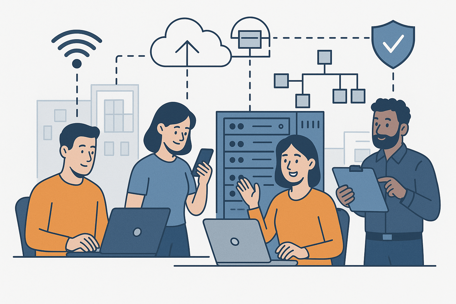 Illustration showing team members receiving reliable cloud and network support throughout the day